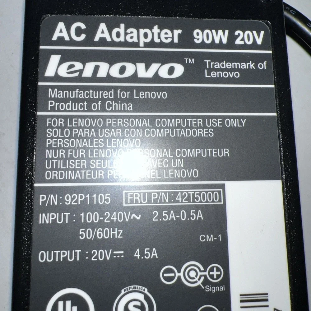 Lenovo 92P1105 AC Adapter 90W 20V Power Supply Charger – FRU 42T5000, Barrel Tip